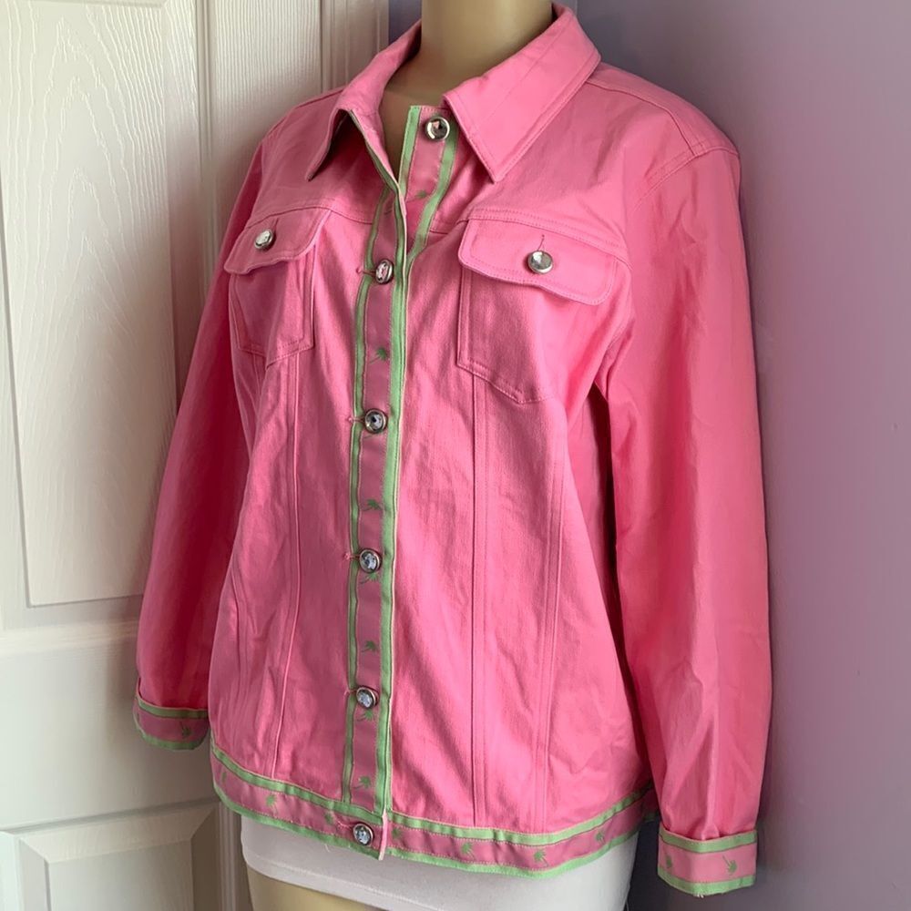 Quacker Factory QVC Embellished Blazer Button Cotton Twill Jacket M Pink